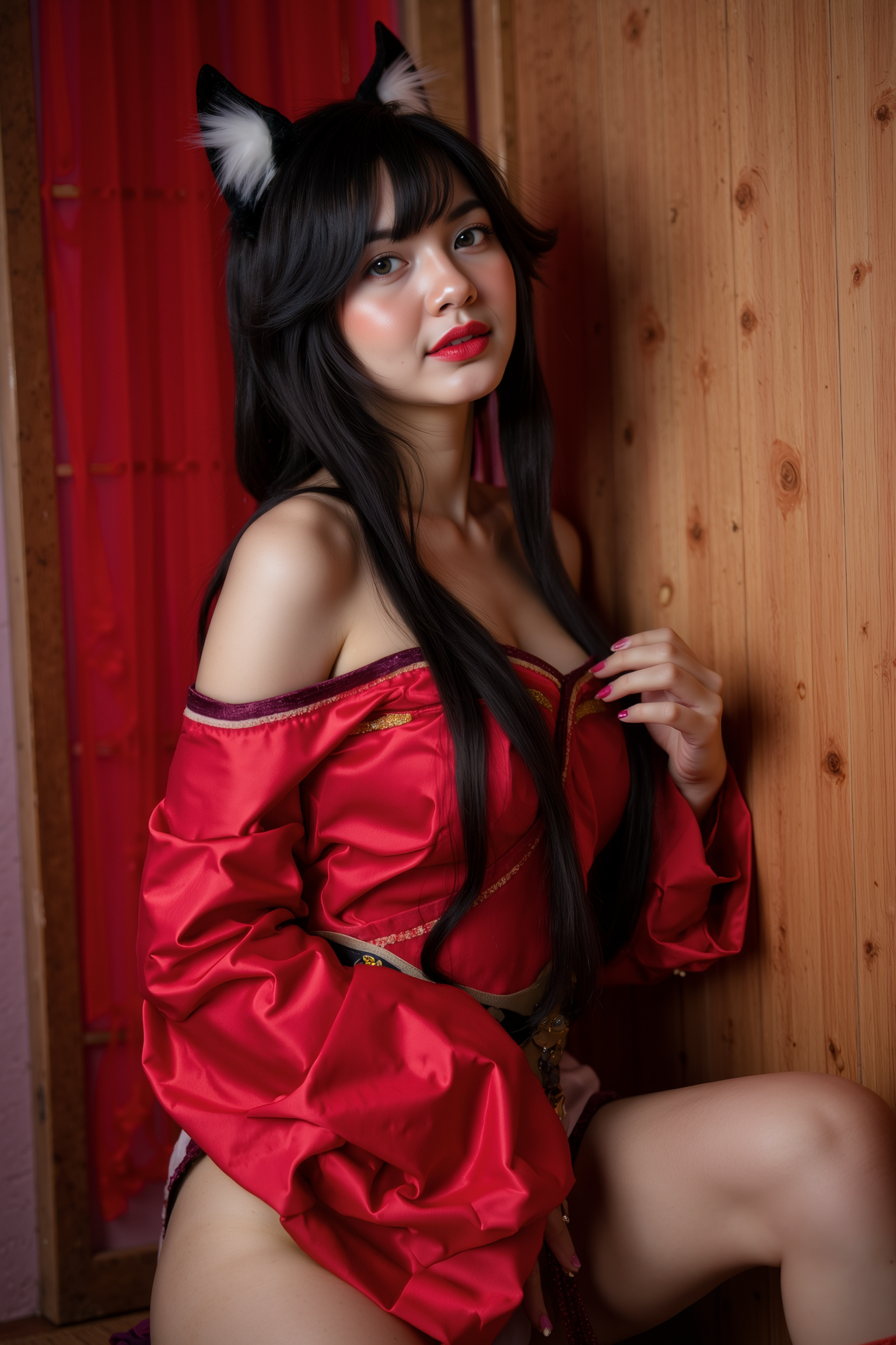 A professional, high-resolution image of a young woman in a casual leaning pose against a textured wall. Her shoulders rest against the surface with one foot crossed over the other, creating a relaxed triangular stance. One hand rests in her pocket while the other hangs naturally, conveying an approachable yet sophisticated mood.

She is wearing a red SGWN70Clothing with ears. Her makeup is dramatic, with dark eyeliner and bold, glossy pink lips. 

The lighting features a high-contrast, monochromatic white color scheme that creates a moody, intimate atmosphere. 

The photography technique uses what appears to be soft lighting to create a glamorous effect, with careful attention to highlighting contours while maintaining the dominant light brown color scheme throughout the frame.

The overall aesthetic combines elements of fashion photography, traditional Asian visual motifs, and contemporary boudoir styling. The dramatic light brown lighting creates a cohesive visual theme that ties all elements of the composition together.

The white light emit on her to show her feature.