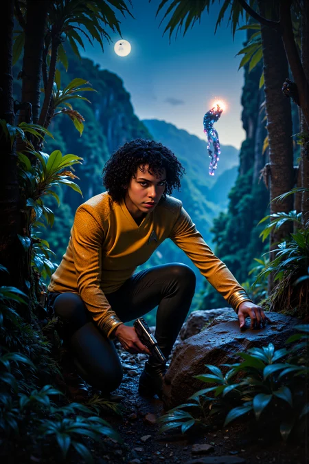 A hyper-realistic portrait, photorealistic photo close-up image of On a lush, green planet surrounded by towering, alien trees, a Starfleet officer with bronze skin and curly, shoulder-length black hair crouches behind a boulder, his phaser drawn and eyes locked on a distant, shimmering anomaly in the air. The officerâs yellow SNW uniform is dirtied from a rough landing, but his posture remains tense and ready. Behind him, strange, bioluminescent plants pulse gently in the twilight, their colors casting an otherworldly glow across the landscape. Above, the twin moons of the planet hang low in the sky, casting long, soft shadows on the ground. In the distance, a shimmering, translucent creature emerges from the anomaly, its glowing form hovering in the air as if defying gravity. The air is thick with tension as the officer's tricorder buzzes faintly, gathering data on the mysterious life form. Around him, the jungle hums with the soft rustling of leaves and distant alien wildlife, adding to the atmosphere of uneasy calm. The scene is one of discovery and potential danger, as the officer faces the unknown, ready for whatever may come. (photography, high-resolution, dynamic, energetic,hyper-realistic, dramatic lighting, shallow depth of field.), detailmaximizer, MythP0rt<lora:midjourney_whisper_flux_lora_v01:0.55><lora:aidmaMJ6.1-FLUX-V0.1:0.4><lora:FluxMythP0rtr4itStyle:0.4><lora:detailed_flux_ntc:2.2><lora:aidmaImageUpgrader-FLUX-V0.1:0.65><lora:SNW_FLUX_V2:1.1>