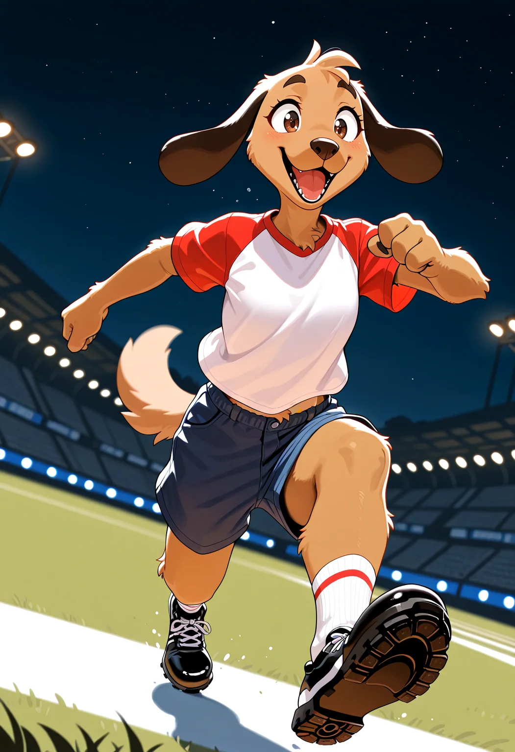 masterpiece, best quality, amazing quality, very aesthetic, absurdres, newest, solo, anthro, furry, dog, black ears, floppy ears, brown eyes, brown fur, blue shorts, white top, short red sleeves, socks, black shoes, running, happy laughing, soccer stadium, dutch angle, night, stadium lights, (depth of field), ((4 digits)), <lora:Striker_-_1994_FIFA_World_Cup_Mascot_Illustrious:1.2>