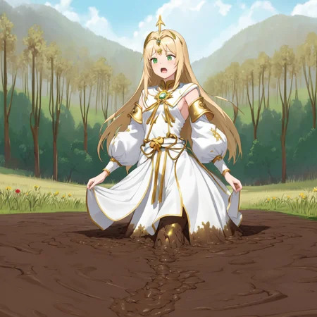 masterpiece, best quality, digital art, deviantart, 1girl, golden hair, medium breasts, small waist, white dress, gold ornaments, priestess, green grass, hills in the distance, trees, flowers, blue sky, partially submerged, brown mud, mud bog, sticky mud, scared, worried, screaming, close up