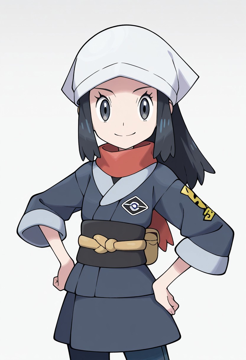 PokeStyleMix, Masterpiece, high quality, flat colors, anime screenshot, anime screencap, 1girl, solo, akari_(pokemon), looking at viewer, closed mouth, smile, hand on hip, dynamic pose,
