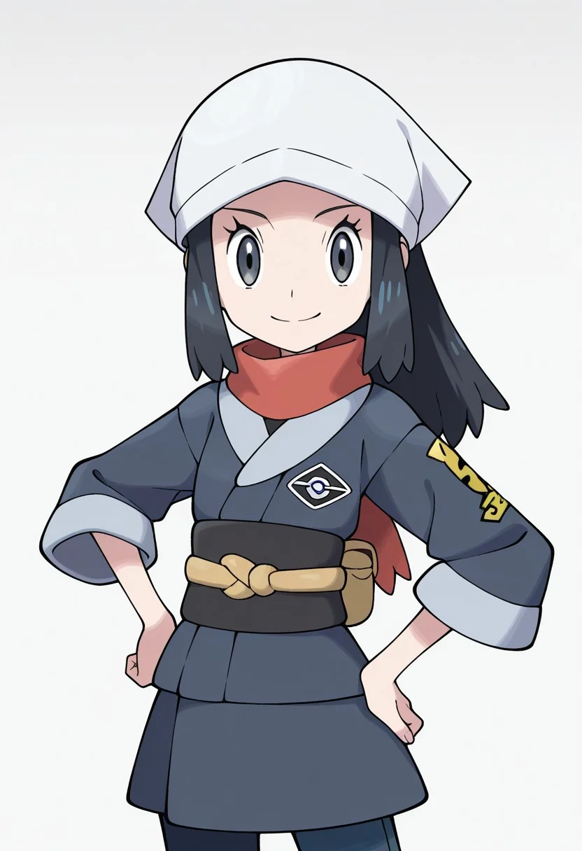 PokeStyleMix, Masterpiece, high quality, flat colors, anime screenshot, anime screencap, 1girl, solo, akari_(pokemon), looking at viewer, closed mouth, smile, hand on hip, dynamic pose,