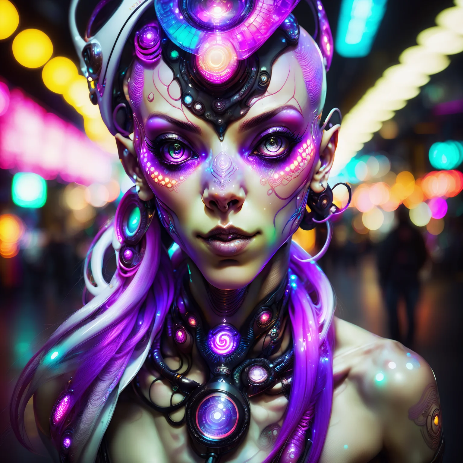 <lora:aiai-DiscoFaces-XL1-v1-captions:0.75> aiai-DiscoFaces style slaanesh humanoid street couture cyberpunk enticer with sensual body and neon makeup, art by lee jeffries and steve mccurry, bokeh background, high iso noise, translucent skin, internal illumination, heavy makeup, neo-tokyo arcade hall, ultra wide angle, lomo style fisheye lens, masterpiece, best quality, vice documentary, analogue photograph, film grain, unique and immersive vibe, internal illumination, hyperrealism, lucid, high quality, 8K Ultra HD, masterpiece, best quality
