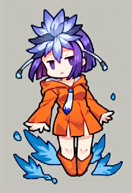 score_9, score_8_up, score_7_up, source_anime, BREAK, solo, 1girl, looking at viewer, <lora:Amane-pdxl_Fp:1>, amanedesu, purple eyes, purple hair, short hair, hair ornament, orange dress, hood, long sleeves, necktie, <lora:Feh-Sprites-pdxl_Fp:1>, simple background, chibi, full body, orange footwear, boots