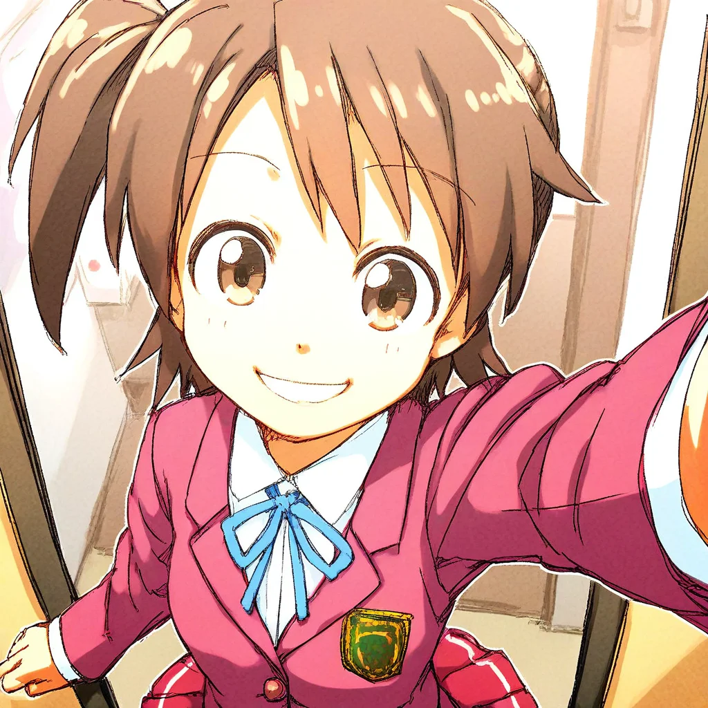 score_9, solo, akashi_y, 1girl, brown hair, side ponytail, school uniform, skirt, smile, selfie, from above,