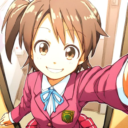 score_9, solo, akashi_y, 1girl, brown hair, side ponytail, school uniform, skirt, smile, selfie, from above,