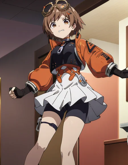 masterpiece,best quality,very aesthetic,absurdres,
<lora:qianqiu_xl:0.8>,felllowmoon-qianqiu,1girl,solo,brown hair,gloves,short hair,orange jacket,fingerless gloves,bike shorts,brown eyes,black gloves,hair ornament,jacket,shorts,glasses,skirt,eyewear on head,goggles,tearing_clothes,tearing_up,shou,<lora:Anime_Screencap:1>,anime screencap,