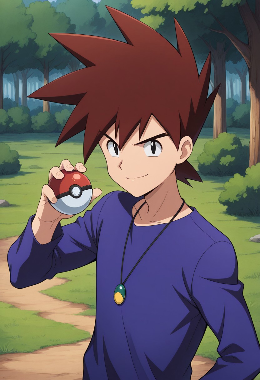 masterpiece,best quality,amazing quality, source_anime, 
gary_kanto, 1boy, male focus, solo, black eyes, brown hair, spiked hair, shirt, purple shirt, jewelry, necklace, smile, determined, holding poke ball, upper body,
outdoor, grass, tree, nature,