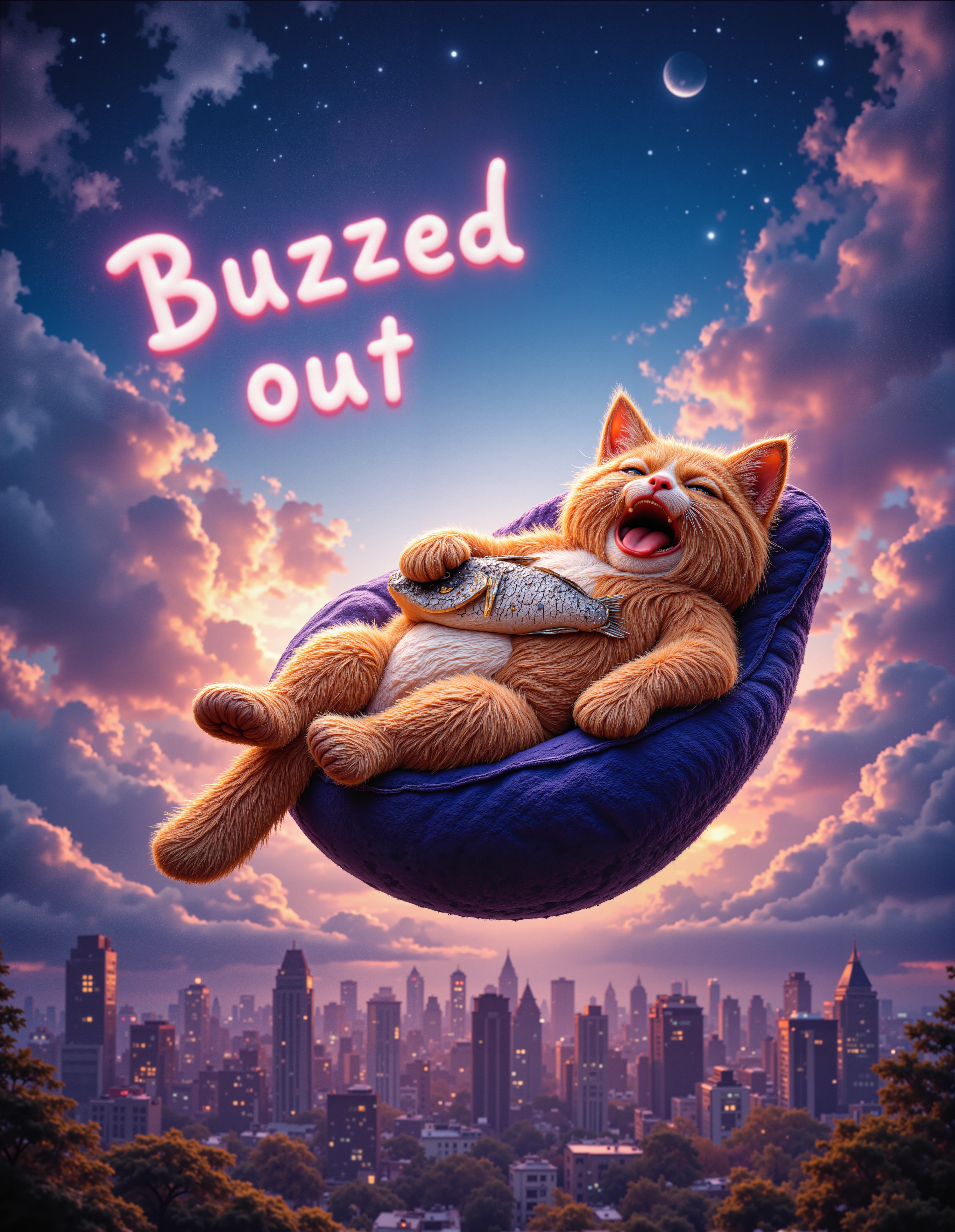 aidmafluxproultra , realistic image, photograph , top view of a chubby yawning sleepy cat lying on back in bean bag chair , its tail dangling freely , holding huge fish with four paws , floating in swirling vivid colorful clouds above top bird view night city , on top of image floating text "Buzzed out", <lora:flux\Textimprover-FLUX-V0.4.safetensors:1.0:1.0> <lora:flux\aidmaFluxProUltra-FLUX-v0.1.safetensors:1.0:1.0>