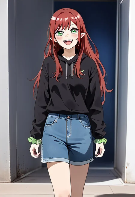 score_9, score_8_up, score_7_up, perfect eyes, partially illuminated, animification, animestyle, Anime_source, (4k), depth of field, (Masterpiece), extremely detailed, tall, long legs, medium breast, bokeh, high resolution, sharp detail, dark red hairs, redhair, dark red hair, <lora:Sono Bisque Doll wa Koi wo Suru - Marin Kitagawa Updated:0.7>, 1girl, fangs, green eyes, hair ornament, hair scrunchie, light blush, long hair, open mouth, smiling, pointy ears, scrunchie, happy, good hands, jeans shorts, leggings, opened black hoodie, baseball hat, top, every day clothing, Adidas Adilette sandals, beautiful feet, perfect feet, perfect toes, beautiful toes, night city background, ((masterpiece)), dynamic pose, (standing), night city, Tokyo city night, city night, BREAK, cowboy shot, dutch angle, looking at viewer, full body, feet,
<lora:add-detail-xl:-1><lora:minami-nanami-s1-ponyxl-lora-nochekaiser:0.8>