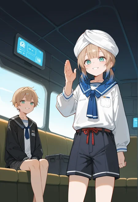 3boys, smile, salute, twins, indoors, spacecraft interior, multicolored hair, gradient hair, blonde hair, blue hair, blue eyes, androgynous, 1boy, short hair, low twintails, turban, serafuku, shorts, indoors, spacecraft interior, standing <lora:Nemo_XL:1>, score_9, score_8_up, score_7_up, score_6_up, score_5_up, score_4_up, BREAK source_anime, masterpiece
