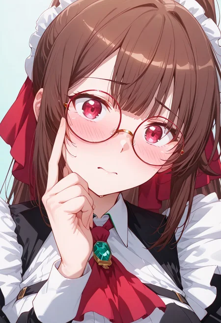 (masterpiece, best quality, newest, absurdres, highres),(anime coloring), amagi_ilxl, 1girl, brown hair, very long hair, red eyes, ponytail, closeup, maid clothes, headtilt, head is tilted,  big round glasses, red glasses, adjusting glasses, blush, shy, embarrassed looking at viewer, plain background, gradient background, blue background, cute colors,