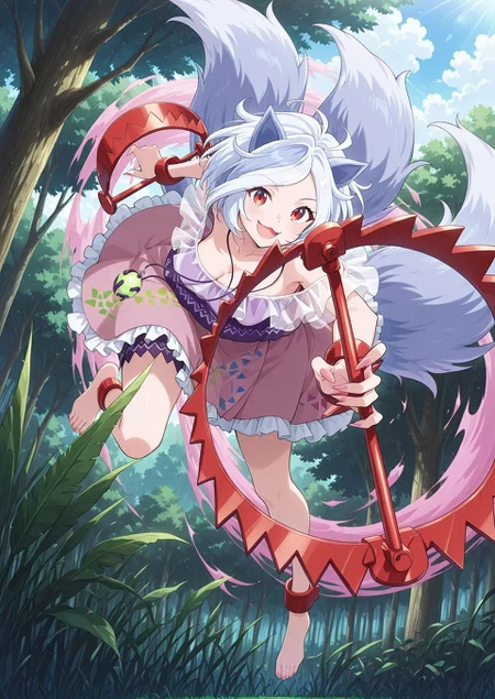 absurdres, highres, masterpiece, best quality, amazing quality, official anime artwork, screencap, anime screencap, outdoors, looking at viewer, smile, :3,
<lora:Enoko-Mitsugashira_IllustriousV1.1:1> mitsugashira enoko, 1girl, solo, red eyes, white hair, short hair, dog ears, multiple tails, long fingernails, medium breasts,, green pendant, bare shoulders, purple shirt, frills, pink skirt, bear trap, ankle cuffs, barefoot,
outdoors, forest, bare tree, grass, jungle, nature, outdoors, plant, jumping, dynamic pose, open mouth,