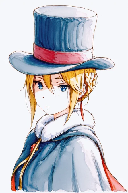 masterpiece, best quality, amazing quality,
 <lora:Bbmasa_IL:1> bbmasa, 1girl, solo, hat, blonde hair, blue eyes, cape, white background, braid, short hair, looking at viewer, simple background, top hat, traditional media, hair between eyes, closed mouth, upper body, fur trim, sketch, colored pencil (medium), watercolor (medium), painting (medium),