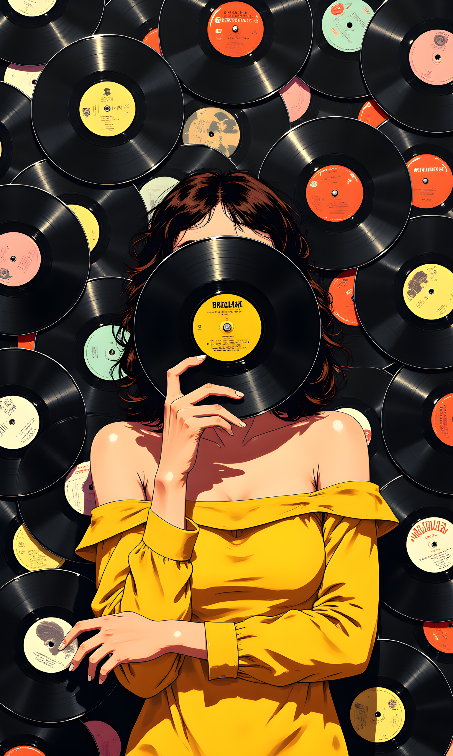 A woman holding a vinyl record in front of her face, obscuring it from view. She has a confident and artistic pose, with one hand holding the record and the other resting on her arm. 
Her facial expression is not visible due to the vinyl record covering her face. However, her body language suggests a sense of confidence and creativity, as she uses the record as a form of artistic expression. 
She is standing with her arms crossed, holding the vinyl record in front of her face with one hand. Her posture is upright and relaxed, indicating ease and comfort in her surroundings. 
She is wearing a yellow off-the-shoulder top that accentuates her shoulders and arms. The simplicity of her outfit allows the focus to remain on the vinyl record and her pose. 
The camera is positioned at eye level, capturing the subject from a frontal perspective. This angle allows for a clear view of her upper body and the vinyl record she is holding. The framing focuses on her upper body and the record, highlighting the details of her attire and the album cover. 
The lighting is soft and even, likely from a natural light source or studio lighting, casting gentle shadows around the subject. The light highlights her features and the texture of her clothing, while the shadows add depth and dimension to the scene. The overall lighting creates a warm and inviting atmosphere. 
The background is filled entirely with the vinyl records, creating a seamless and immersive composition. The records fill the entire frame, leaving no empty space, which emphasizes the abundance and variety of the collection.
The subject of the image is a collection of vinyl records. The records are piled together, creating a visually striking and colorful composition. Each record has a unique label with various colors and designs, adding to the overall vibrancy of the scene.
The records are arranged in a random yet visually appealing manner, overlapping each other. Some records are positioned flat, while others are slightly tilted, creating depth and dimension in the image.
The composition is dynamic and engaging, with the records arranged in a way that creates a sense of movement and energy, with the subject centrally framed. The lines of her arms and the direction of the shadows lead the viewer's eye towards the vinyl record. The background is simple and uncluttered, which complements the subject without distracting from her. The overall composition is harmonious and visually appealing, capturing a moment of artistic expression and creativity. 
BREAK j_art, <lora:FLUX\J_Anime:1.0>