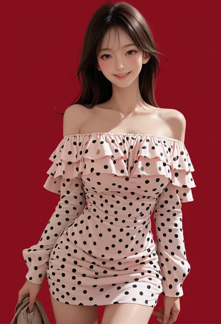 1girl,cowboy shot,red background,,ruanyi1037,polka dot dress,off-shoulder dress,short dress,<lora:1037 Home wear 41_v1_pony:1>, score_9, score_8_up, score_7_up, score_6_up, score_9, score_8_up, score_7_up, score_6_up source_anime, blush, 1girl, seduce smile, perfect body , natural huge breasts