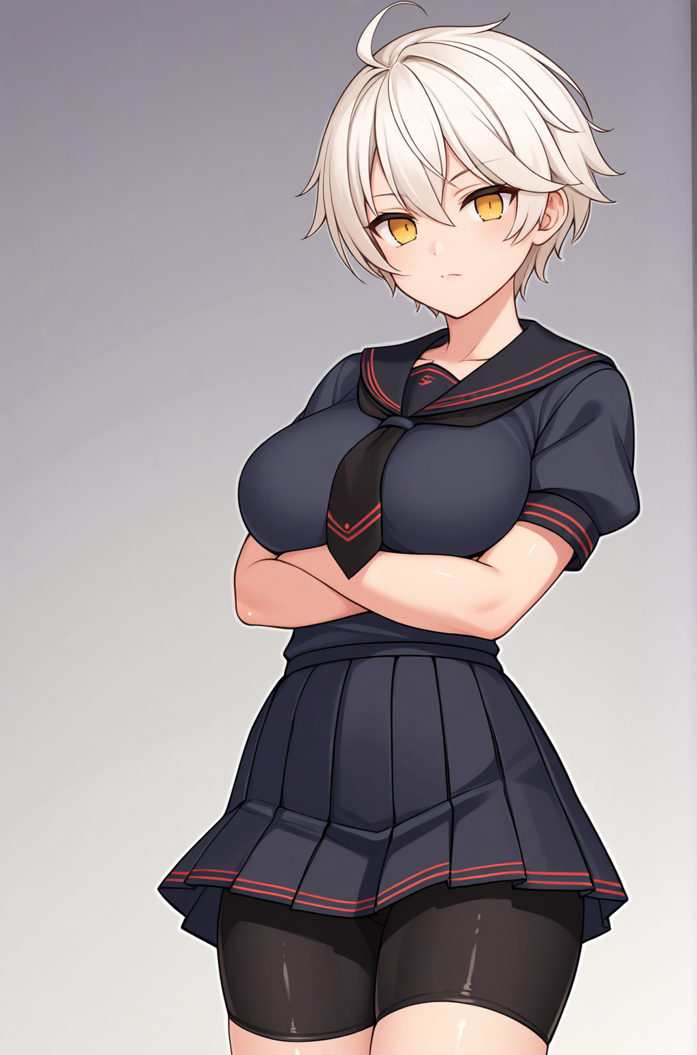 anime artwork score_9, score_8_up, score_7_up, score_6_up, score_5_up, score_4_up, source_anime, BREAK,
Miyabi_XL, yellow eyes, short hair, white hair, large breasts, hebijo_costume, black serafuku, bike shorts, pleated skirt, BREAK,  crossed hands,
<lora:Miyabi_XL:0.7>
<lora:PersonalAmi_PonyXL:1.0>