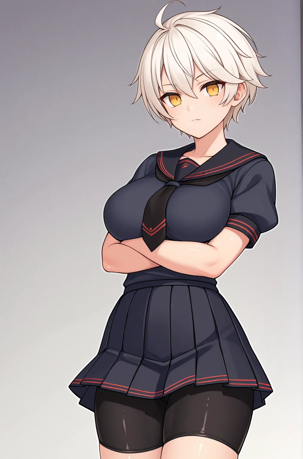 anime artwork score_9, score_8_up, score_7_up, score_6_up, score_5_up, score_4_up, source_anime, BREAK,
Miyabi_XL, yellow eyes, short hair, white hair, large breasts, hebijo_costume, black serafuku, bike shorts, pleated skirt, BREAK, crossed hands,
<lora:Miyabi_XL:0.7>
<lora:PersonalAmi_PonyXL:1.0>