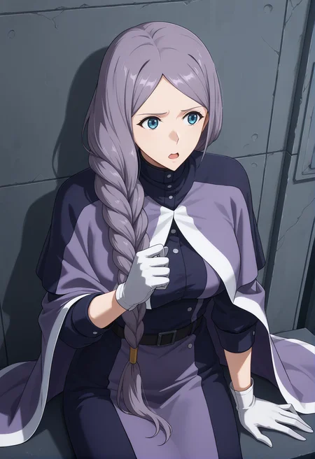 <lora:Han Semi:1>,
Han Semi,gloves,braid,solo,single braid,white gloves,open mouth,purple hair,blue eyes,grey hair,cowboy_shot,sitting,seriously