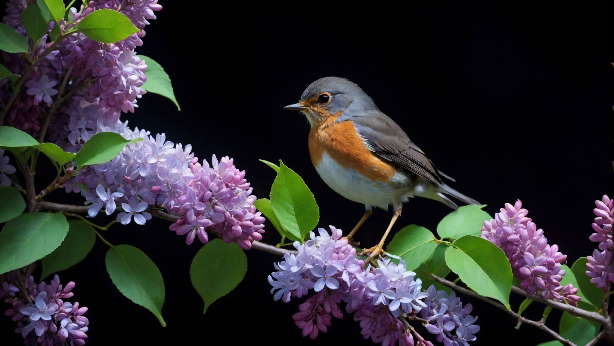 (black background),(photograph of translucent glass soft violet (lilacs) a stem with leaves),a perching robin,ethereal,neon,rule of thirds,golden ratio,background, wallpaper, <lora:novaPrimeXL_v10:0.8>, <lora:chao style:0.7>, colorful, chao style, <lora:sdxl_photorealistic_slider_v1:2>,