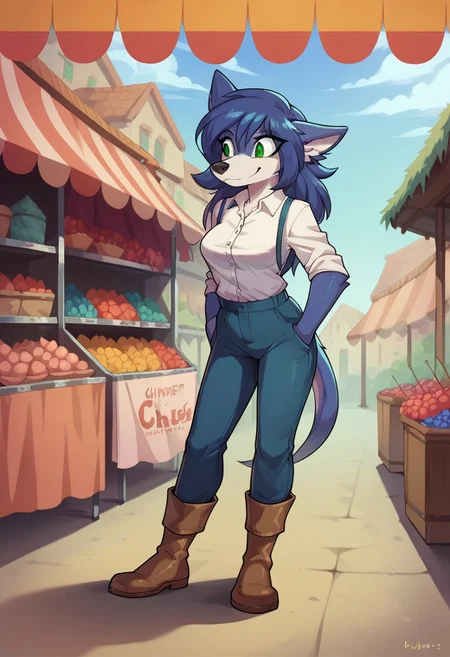 (score_9, score_8_up, score_7_up, score_6_up, score_5_up, score_4_up), ember, female wolf, green eyes, anthro, blue fur, white fur, two tone fur, standing, market, smiling, shirt, pants, brown boots, female, furry female, anthro, full colored, 1girl,