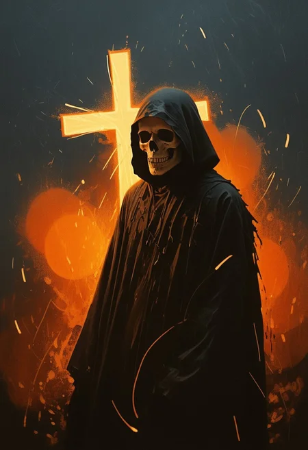 ((((abstract shapes, (skull))))), darkness, (evening),((contemporary surrealism)), by Caspar David Friedrich, thick brush strokes, a dark hooded figure, white holy cross, black robes, face obscured, abstract composition, asymmetric, dark, warm glow, (streaks), circles, black background, abstract film grain, ((messy composition)), (long exposure), dust, atmospheric, dark vs light, cool, ((((jagged shapes))))