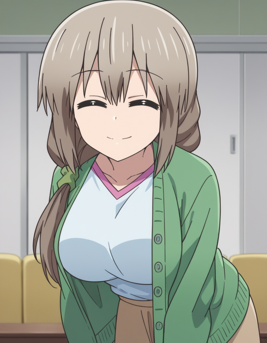 score_9, score_8_up, score_7_up, source_anime,
tsukiuzaki, <lora:tsuki-uzaki-s2-ponyxl-lora-nochekaiser:1>,
tsuki uzaki, long hair, closed eyes, grey hair, large breasts, hair over shoulder, scrunchie, hair scrunchie,
skirt, shirt, white shirt, cardigan, open cardigan, green cardigan, blue shirt, brown skirt,
indoors, bent over, smile,
looking at viewer, cowboy shot, solo, dutch angle,