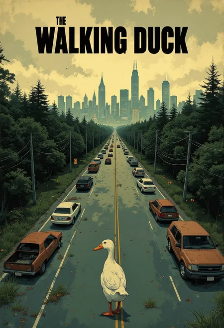 An artwork inspired by the iconic cover art of AMC's The Walking Dead Season 1, reimagined with a whimsical twist. The scene is an aerial view of a desolate highway stretching toward a distant city skyline, where towering skyscrapers loom against a foreboding, cloudy sky. The left lane of the highway, leading away from the city, is packed with abandoned and decaying cars, their rusted frames and shattered windows telling stories of chaos and desertion. The right lane, leading into the city, is eerily empty except for a lone white duck walking confidently toward the city.
The duck, slightly oversized but full of quiet determination, contrasts the vast emptiness of the road. Its soft white feathers and orange webbed feet stand out subtly against the muted, desaturated color palette dominated by grays, browns, and greens. A sepia filter bathes the entire image, giving it a vintage, dystopian feel.
At the top of the composition, the title "The Walking Duck" is boldly written in the original clean, black font of the  franchise, perfectly mirroring the aesthetic of the series. The overall tone of the image balances the eerie atmosphere of isolation with the unexpected whimsy of the duck, creating a striking and memorable visual.