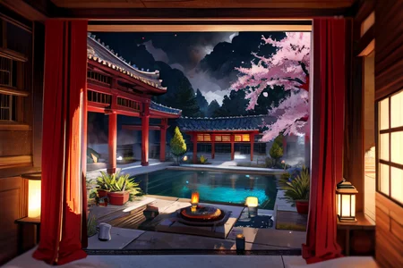 highly insanely detailed, masterpiece, top quality, best quality, highres, 4k, 8k, RAW photo, (very aesthetic, beautiful and aesthetic),  
Ancient Roman Interior Design,RomInt,ancient_roman_kitchen,terra_cotta_stove,spice_jars,peristyle_garden,lush_garden,Peristyle,pool,fountain,intimate_space,open_air_light, 
<lora:RomanInterior-10:0.8>, 
(1girl:1.3), 
1other, 
, 
, 
, 
east asian architecture,interior,indoors,Redwood furniture,Mahogany Carving,cylinder in the middle,leather couch with two pillows,red velvet,lantern,vase,red lanterns,ribbon,lamp,rug,teapot on the tray,statue,dark wooden relief sculpture on the wall,Puffy Smoke,smokeanywhere,wisps of smoke,magic smoke,summoning smoke,window,lattice windows,traditional lattice ceilings,big red maple tree,cherry blossoms,the wooden booth,lily pad,(lotus),letterboxed,reflection,Red and Dark Wood Chinese Interior,prismatic,light tone,twilight,wisps of smoke,smoke_from_head,smoking effect,toxic fumes,cigarette smoke,venting gas,escaping gas and steam,gas leak smoke,charred smoke,dynamic moment,starry sky,galaxy,star \(sky\),floating cloud,Sea of clouds,cloudy,dark clouds,autumn,medieval,yellow background, 
scenery,HDRI Panorama View,ultra wide angle,very wide shot,wide angle shot,horizon,âââ