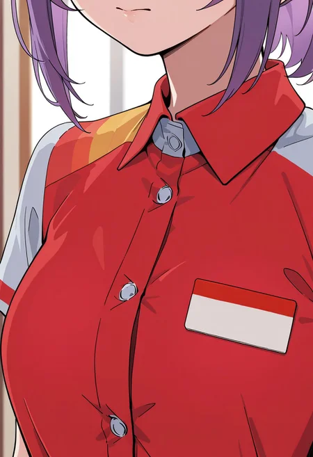 close up, solo, woman, purple hair, jollibee_uniform, red collared shirt, shirt buttons, name tag, room, high quality, best quality, masterpiece, 4k resolution, anime