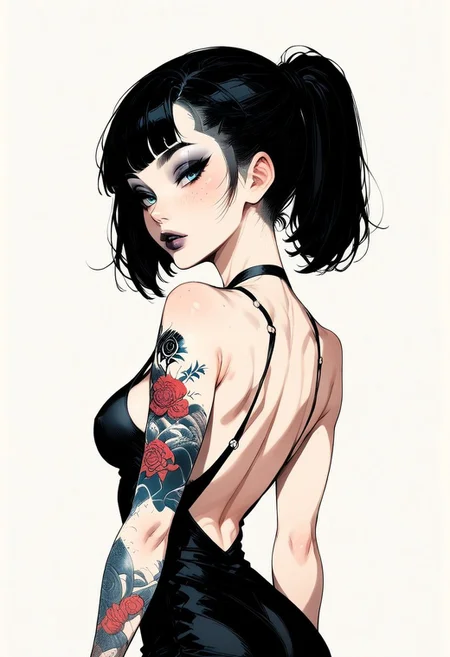score_9, score_8_up, score_7_up, score_6_up, rating_questionable,styleFuchitoro, sketch, thick outline, 1girl, Celeste Valera, , freckles, , bangs, eyeshadow, ponytail, makeup, back tattoo, blue eyes, black hair, mole, (black) short pencil dress, nipple peek, one hand on hips, parted lips, sexy look, goth attire, screentones background, flat colors background, shadow on her back