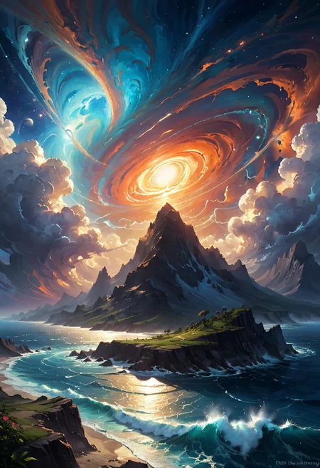 Capture the mesmerizing beauty of Planet Earth crackling with energy and life, a celestial spectacle like no other. The vibrant hues of the planet's swirling atmosphere dance in a mesmerizing display of colors, ranging from deep blues to fiery oranges. Wisps of clouds twist and turn across the surface, casting dramatic shadows on the vast oceans and lush continents below. The crackling energy emanating from the planet gives it an ethereal glow, illuminating the darkness of space with an otherworldly radiance. From a distance, the Earth appears like a precious gem, suspended in the vastness of the cosmos, a beacon of light and hope in the void.