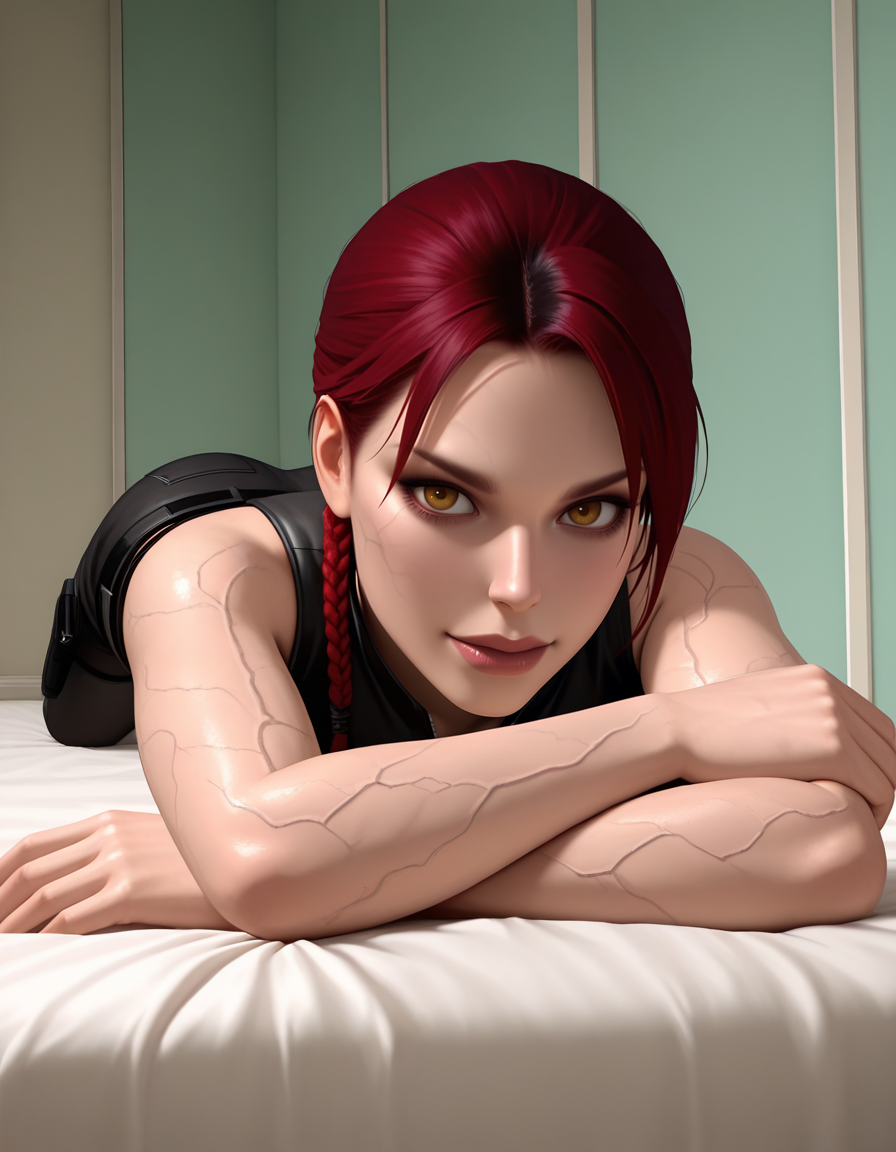 Masterpiece, high-res, 2k, best quality, 2.5d, realistic, 1 girl, laradopple, medium shot, black veins,  <lora:laradopple-000037:1>   On her stomach arms outstretched