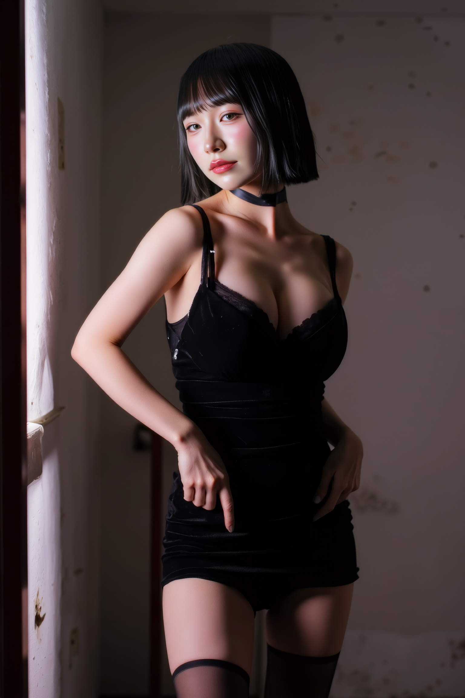 A professional, high-resolution image of a young woman is posed in a standing contrapposto stance, with subtle weight shifted to one leg to create a natural S-curve in the body silhouette. This classic posing technique creates visual interest and a sense of elegance.

She is wearing a black and white SGWN65Clothing. Her makeup is dramatic, with dark eyeliner and bold, glossy pink lips. 

The lighting features a high-contrast, monochromatic white color scheme that creates a moody, intimate atmosphere. 

The photography technique uses what appears to be soft lighting to create a glamorous effect, with careful attention to highlighting contours while maintaining the dominant light brown color scheme throughout the frame.

The overall aesthetic combines elements of fashion photography, traditional Asian visual motifs, and contemporary boudoir styling. The dramatic light brown lighting creates a cohesive visual theme that ties all elements of the composition together.

The white light emit on her to show her feature.