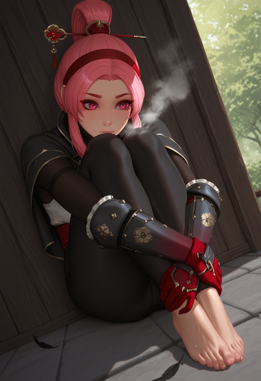 damon,  outdoors, undershirt, falling feathers, black bodysuit, hair stick, hugging own legs, , gauntlets,   eyeshadow,   red gloves,  high ponytail,  , black capelet, red hairband, pink eyes, 1girl, solo, feet, visible breath,   dynamic angle, foreshortening, smell, steam,