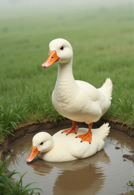 A humorous and photorealistic depiction of two white ducks in a muddy puddle within a grassy field. The composition features one duck standing on top of another, creating a comical and quirky atmosphere. The ducks have bright white feathers with subtle beige highlights, and their orange beaks and legs provide vibrant contrast.
The standing duck looks outward with a calm yet confident expression, while the lower duck appears relaxed but slightly submissive. The muddy puddle reflects parts of their bodies, adding depth to the scene. Surrounding the puddle is a lush, green grassy area with small patches of exposed soil, contributing to the natural outdoor setting.
The lighting is soft and natural, with a slightly overcast ambiance, emphasizing the realism of the scene. The overall style is photorealistic with fine attention to texture, including the ripples in the water and the feather details on the ducks. The image conveys a lighthearted and whimsical mood, blending everyday natural elements with an unexpected and playful interaction between the ducks.