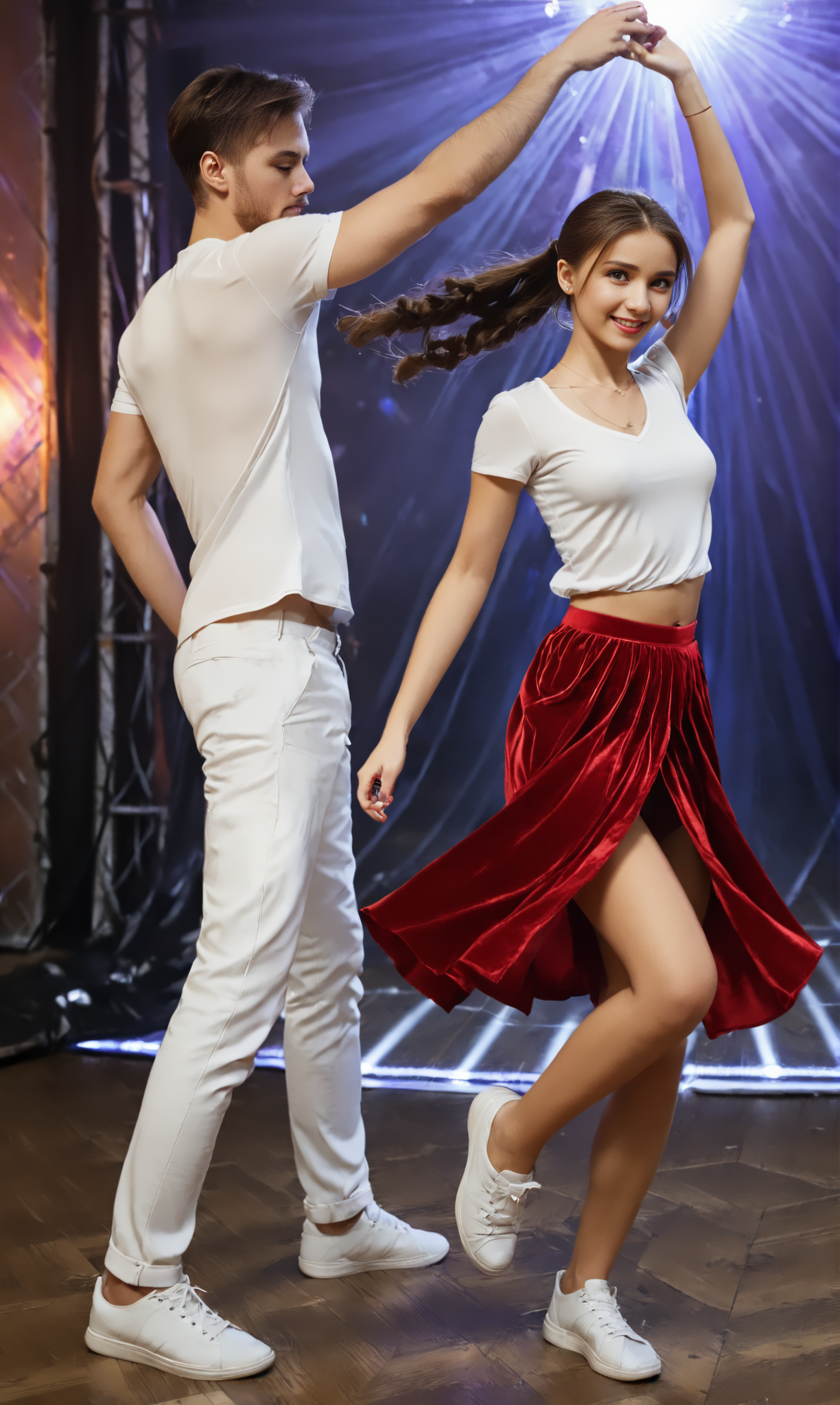 DanWiTu, (slim girl) and a man dancing in disco. The girl wears red skirt and white blouse. The man wears long trousers and shirt. The girl has short brunette ponytail    <lora:DanceWithTurn:1>