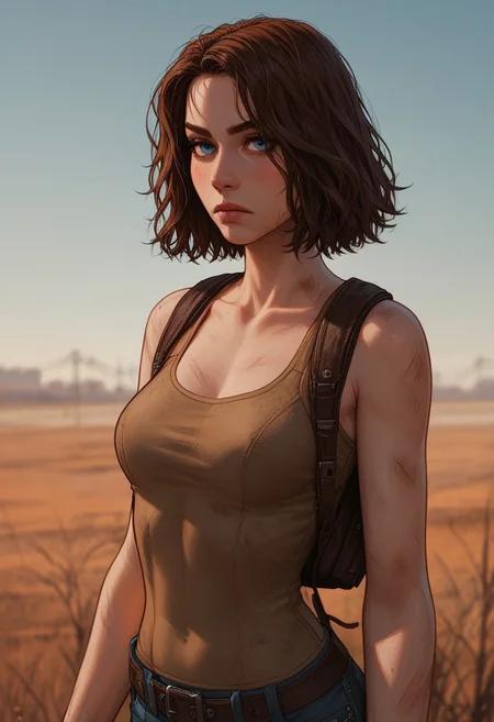 (score_9, score_8_up, score_7_up). (line work, excellent drawing, highest quality, extremely detailed:1.2). solo, 1girl, brown hair, dirty hair, blue eyes, slut face, post apocalyptic clothing, backpack, pale skin, soft skin, survivor, athletic, thin, confident posture, injured, serious, g0thicPXL, romantic, source_cartoon, post apocalyptic background, depth of field, medium distance, cowboy_shot, semirealistic, 3/4 view, dynamic angle