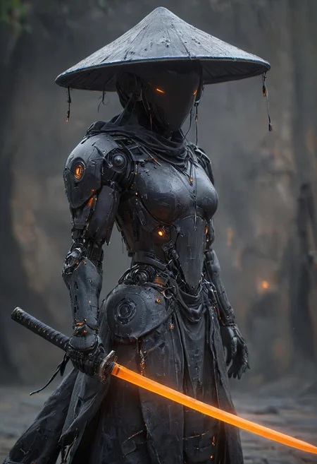 Craft a captivating vibrant dark black-neon caption for a photo capturing the essence of a cyborg Bedouin sorcerer in fight stance, defying expectations by conjuring a whimsical robot 'freak' from an oversized sedge  hat. ethereal, smoky backdrop. throwing a translucent orange/tanslucent purple/black iaidow, weapon, katana, holding sword, ready to draw, sheathed, unsheathing, scabbard,, 
 very detailed, atmospheric haze, Film grain, cinematic film still, shallow depth of field, highly detailed, high budget, cinemascope, moody, epic, OverallDetail, gorgeous, 2000s vintage RAW photo, photorealistic, candid camera, color graded cinematic, eye catchlights, atmospheric lighting, skin pores, imperfections, natural, shallow dof