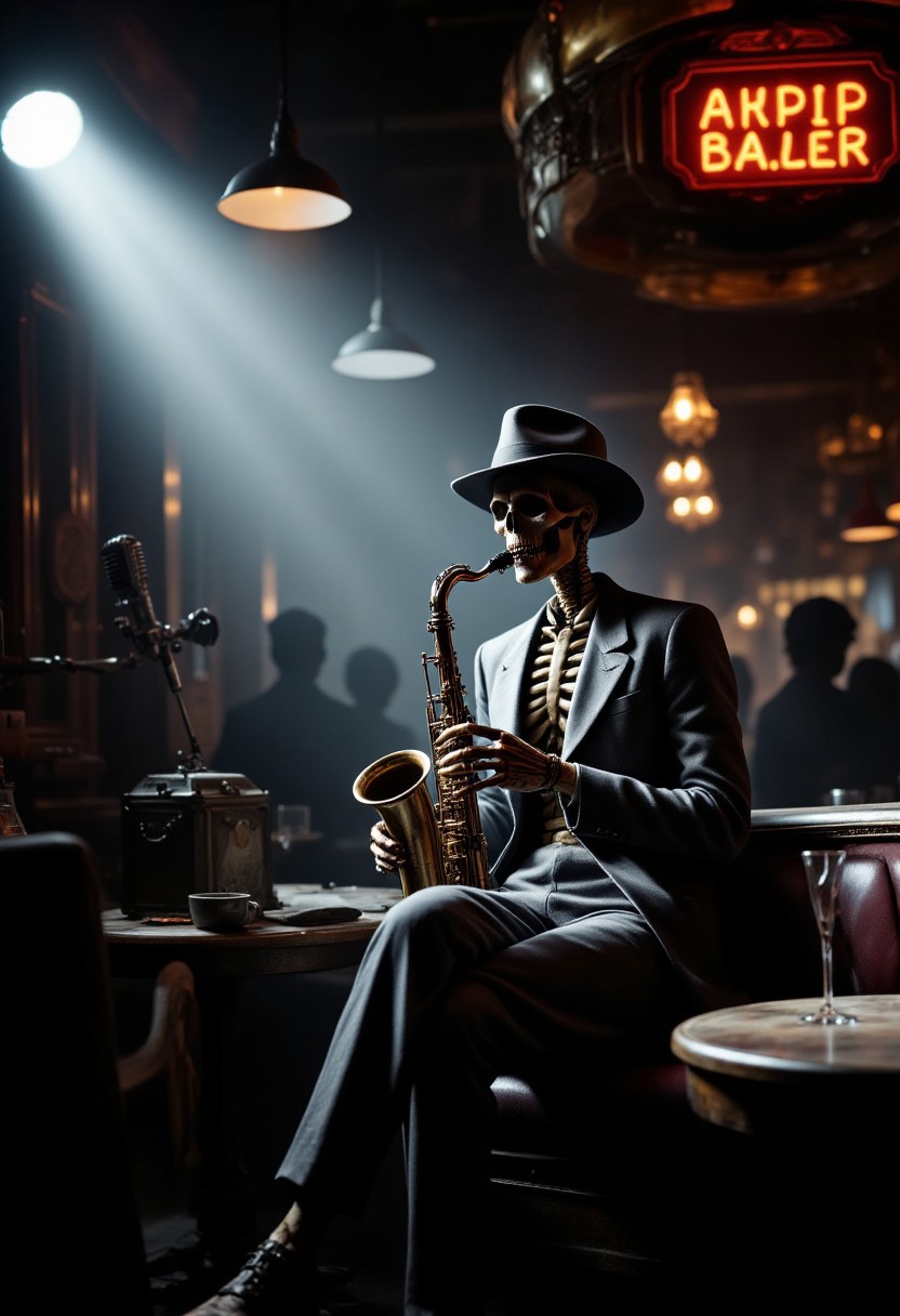 A 1930s Noir-themed skeleton sits coolly in a dimly lit jazz club, playing a sleek, polished saxophone under a single spotlight. Dressed in a crisp pinstripe suit, with a fedora casting a shadow over his hollow eye sockets, the skeleton's bony fingers glide effortlessly over the instrument, sending haunting, soulful notes into the smoky air. The glow of a nearby neon sign filters through the haze, reflecting off his polished bones and creating a moody atmosphere. In the background, shadowy silhouettes of patrons sip cocktails at round tables, while a vintage microphone and dusty stage curtains complete the scene. The skeleton exudes style and mystery, as if he’s the coolest jazz player in a world between the living and the dead