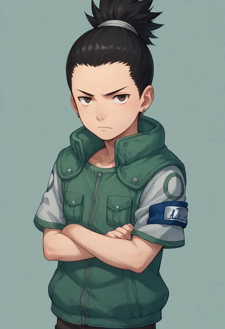 score_9, score_8_up, score_7_up, highly detailed, cute boy, 1boy, solo, young, Shikamaru_Nara, Brown Eyes, Black Hair, Ponytail, Earrings, Flak Jacket, Armband, Brown Pants, Arms crossed,
