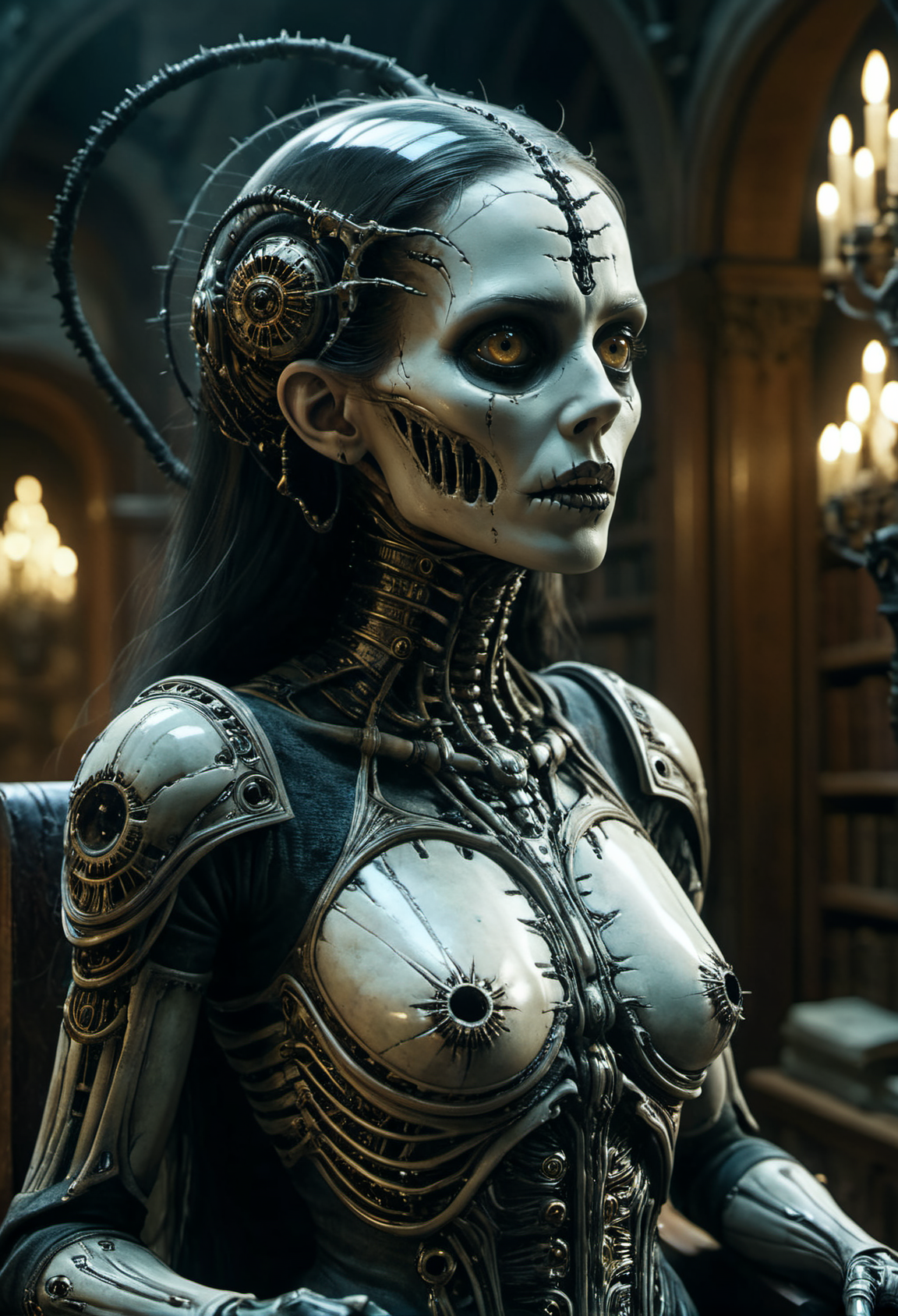 cinematic film still Surreal horror style by grim Sophia Rapata and h.r. giger,surreal abstract art,a mechanized symbiotic organic humanoid,a female ghoul haunting a ancient library of an evil magician,ghostly garments,bandages,undead woman,depth of field,unsettling,asymmetric abnormalities,surreal masterpiece,insanely detailed,insane imagination illustrated,sharp focus,creepy,never before seen art of an evil mastermind,demented dream,<lora:Creat0rDet4ilz:0.7>,ziprealism, Ultra-HD-details, glow effects, godrays, Hand drawn, render, 8k, octane render, cinema 4d, blender, dark, atmospheric 8k ultra detailed, cinematic, Sharp focus, big depth of field, Masterpiece, 3d octane render, 8k, concept art, trending on artstation, hyperrealistic, extremely detailed CG unity 8k wallpaper, trending on CGSociety, Intricate, High Detail, dramatic . shallow depth of field, vignette, highly detailed, high budget, bokeh, cinemascope, moody, epic, gorgeous, film grain, grainy