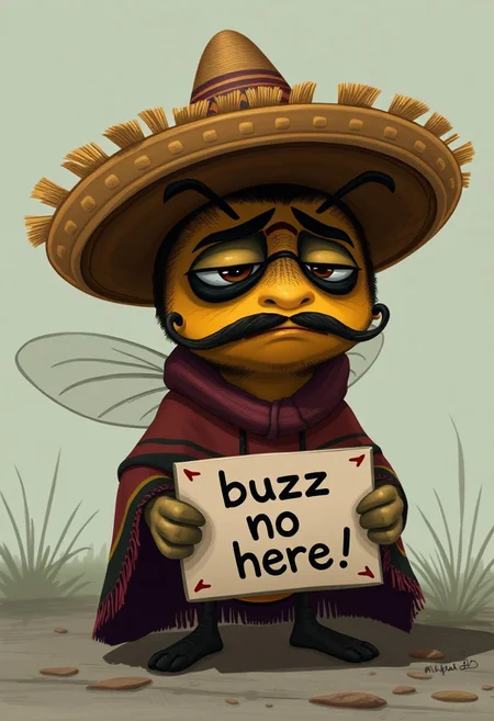 (((Pixar art style)))
Sad Mexican bee, wearing a sombrero and poncho, with a mexican style mustache, homeless, (((holding sign that says "buzz no here")))