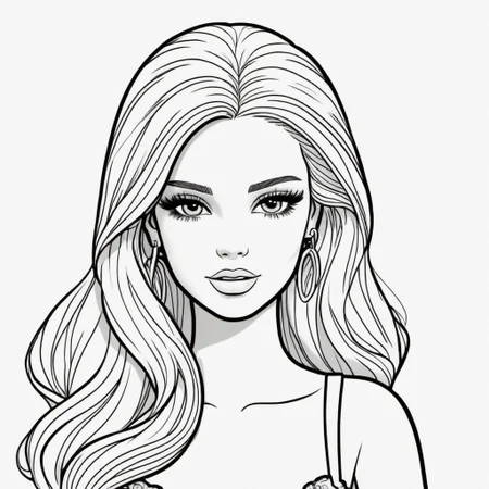 black and white, line art, coloring drawing of barbie <lora:Coloring_book_-_LineArt:0.6>, white background, thick outlines