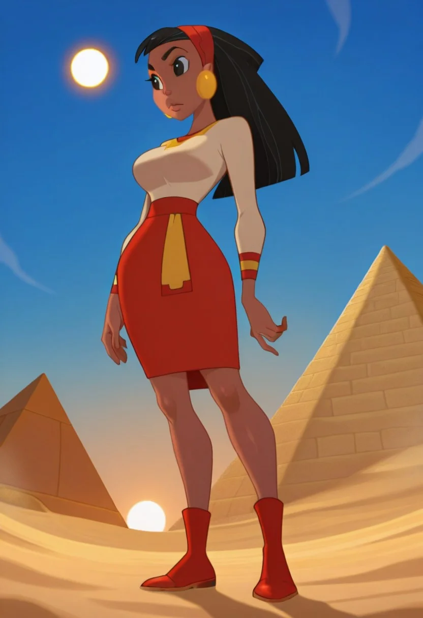 illustriouslogan, solo, malina, black hair, skin, dark skin, jewelry, earrings, long hair, black eyes, hairband, white shirt, skirt, red skirt, shirt, red footwear, large breasts, standing, close up, from below, full body, Outdoors, sun, Sky blue, sand, pyramid