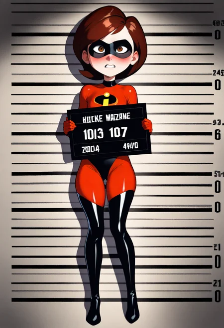best quality, amazing quality, very aesthetic, absurdres,
1girl, helenparr, brown eyes, domino mask, bodysuit, mugshot, holding sign, looking at viewer, <lora:HelenParrIllustriousXL_byKonan:1>