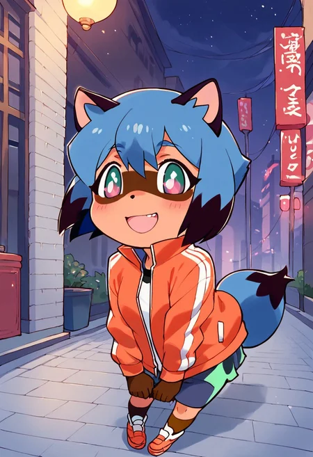 1girl, ((solo)), best quality, ultra-detailed, extremely detailed, perfect anatomy, masterpiece, score_9, score_8_up, score_7_up, Expressiveh, Michiru Kagemori, Brand New Animal, fully clothed, (chibi:1.3), cute, city background, night time, standing pose, cute pose, smiling, blushing, staring at viewer, leaning forward,