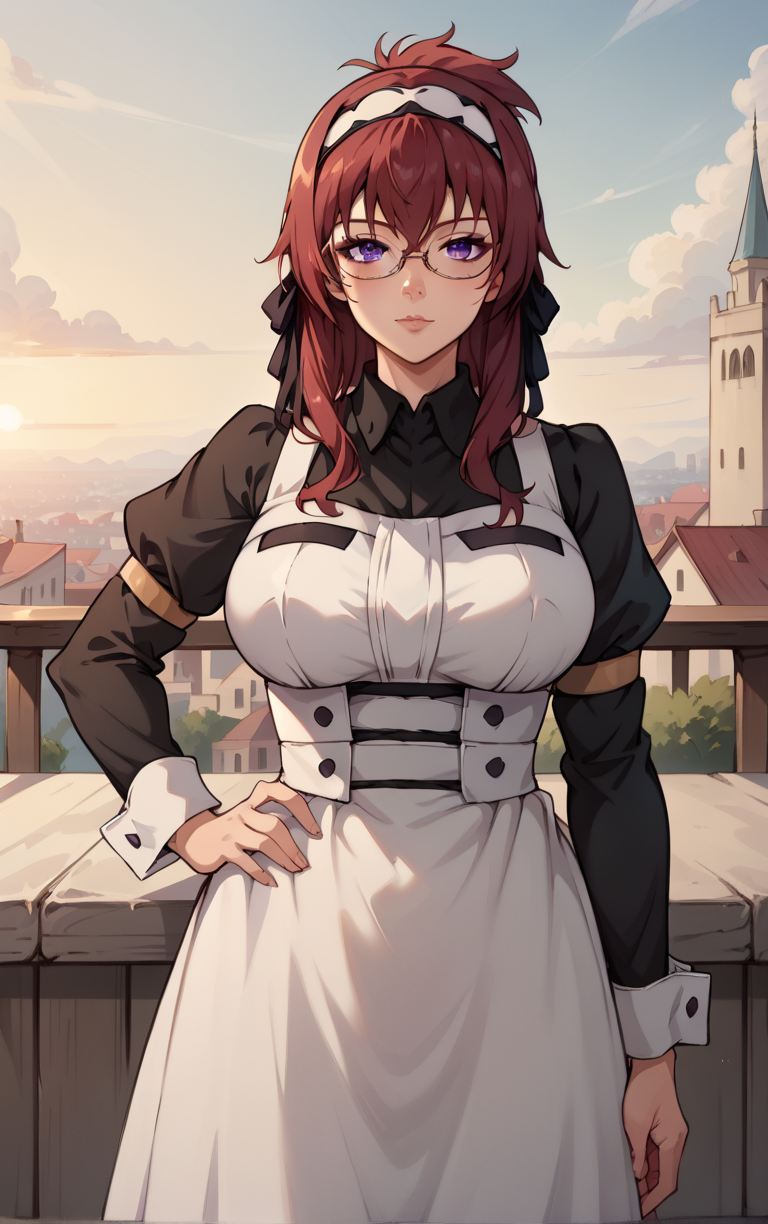 score_9, score_8_up, score_7_up, BREAK 
MaidOutfit_LiliaGreyrat_ownwaifu, 
1girl, folded ponytail, glasses, hair between eyes, hairband, long hair, purple eyes, red hair, semi-rimless eyewear, sidelocks, under-rim eyewear, white hairband, bangs, hair ribbon, large breasts, mature female,
black dress, collared shirt, juliet sleeves, long dress, puffy sleeves, white apron, long sleeves, maid, maid apron, black ribbon, black sleeves,
(contrapposto, hand on hip), sunset, sidelighting, cityscape, vanishing point, outdoors, <lora:PONYXL_MushokuTensei_LiliaGreyrat_ownwaifu:1> , depth of field, solo,