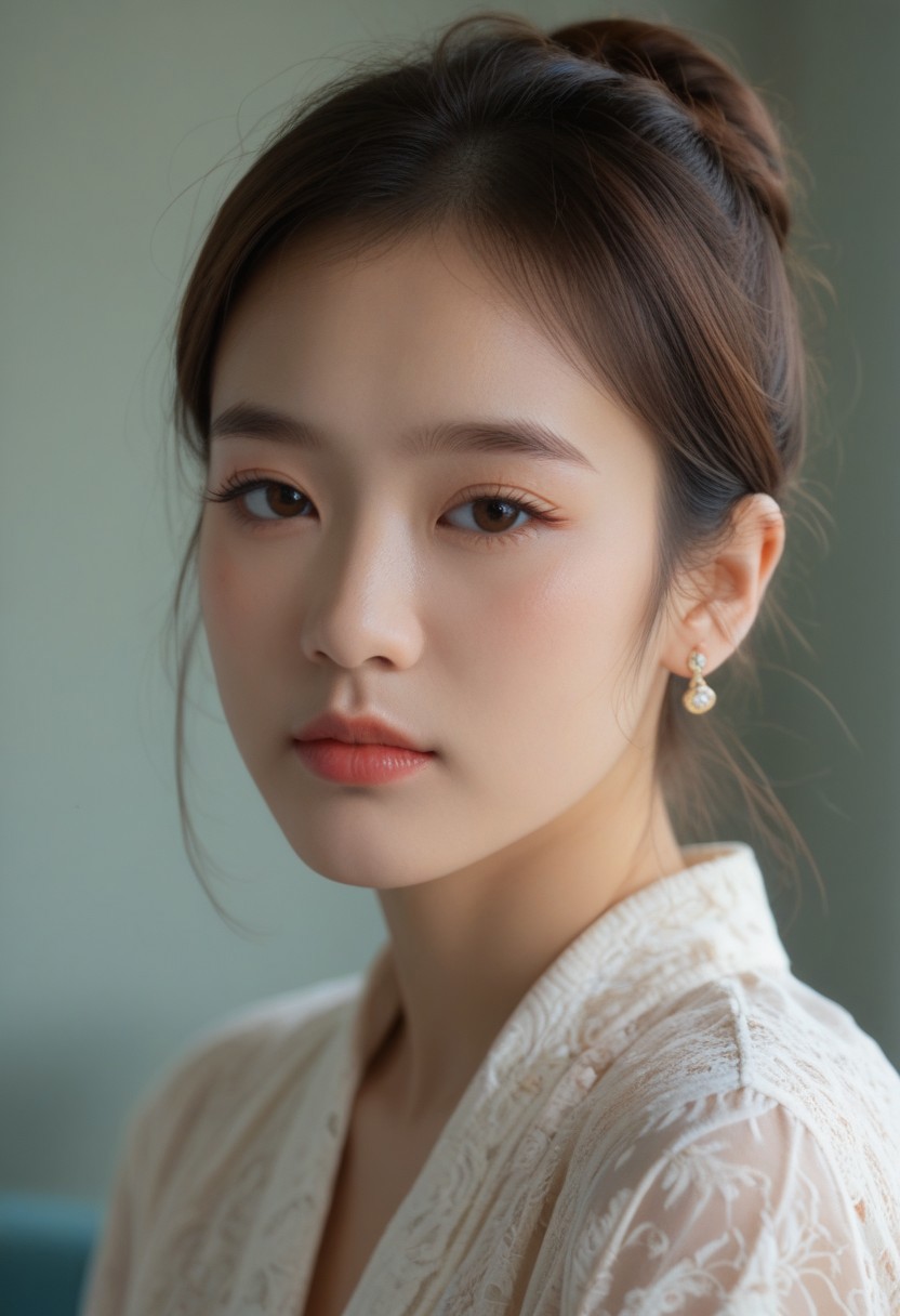 score_9, score_8_up, score_7_up, ladyburns, sideburns, 1girl, solo, jewelry, earrings, blurry, brown hair, asian,