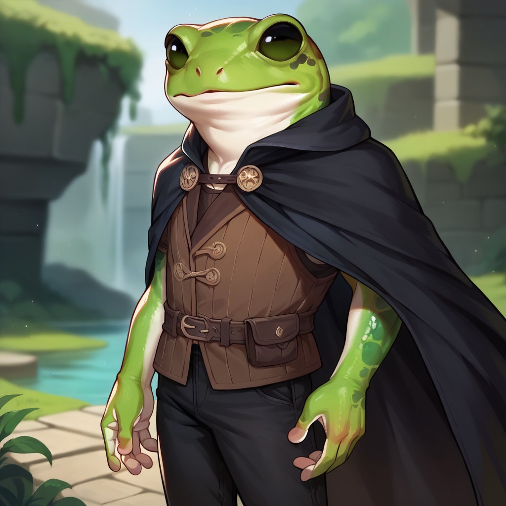 (((detailed, beautiful, high quality))), score_9, score_8_up, score_7_up, solo, 
grungrace, anthro frog,
1 boy, male focus, green skin, black cape, brown vest, black pants,
looking at the viewer, posing, 
blurred background, fantasy background,